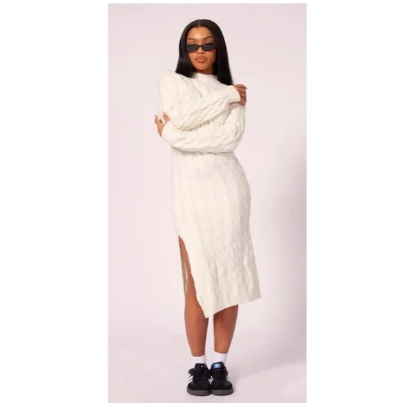 PrettyLittleThing Cream Cable Knit Maxi Dress Mock Neck Women’s Size XS NWT - Picture 9 of 9